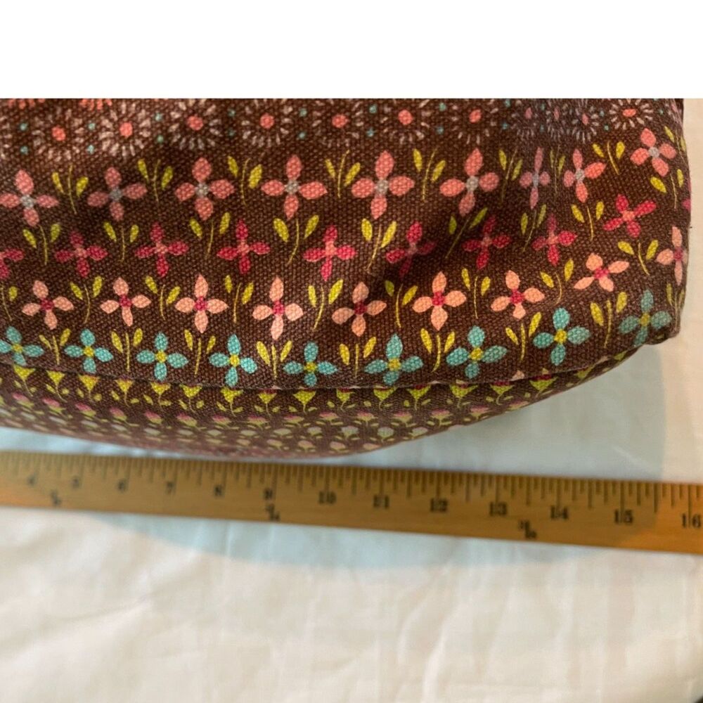 Vintage Floral Canvas Hobo Bag Wood Bead Handle Boho Brown Flowers Roomy 1980s - Picture 9 of 9